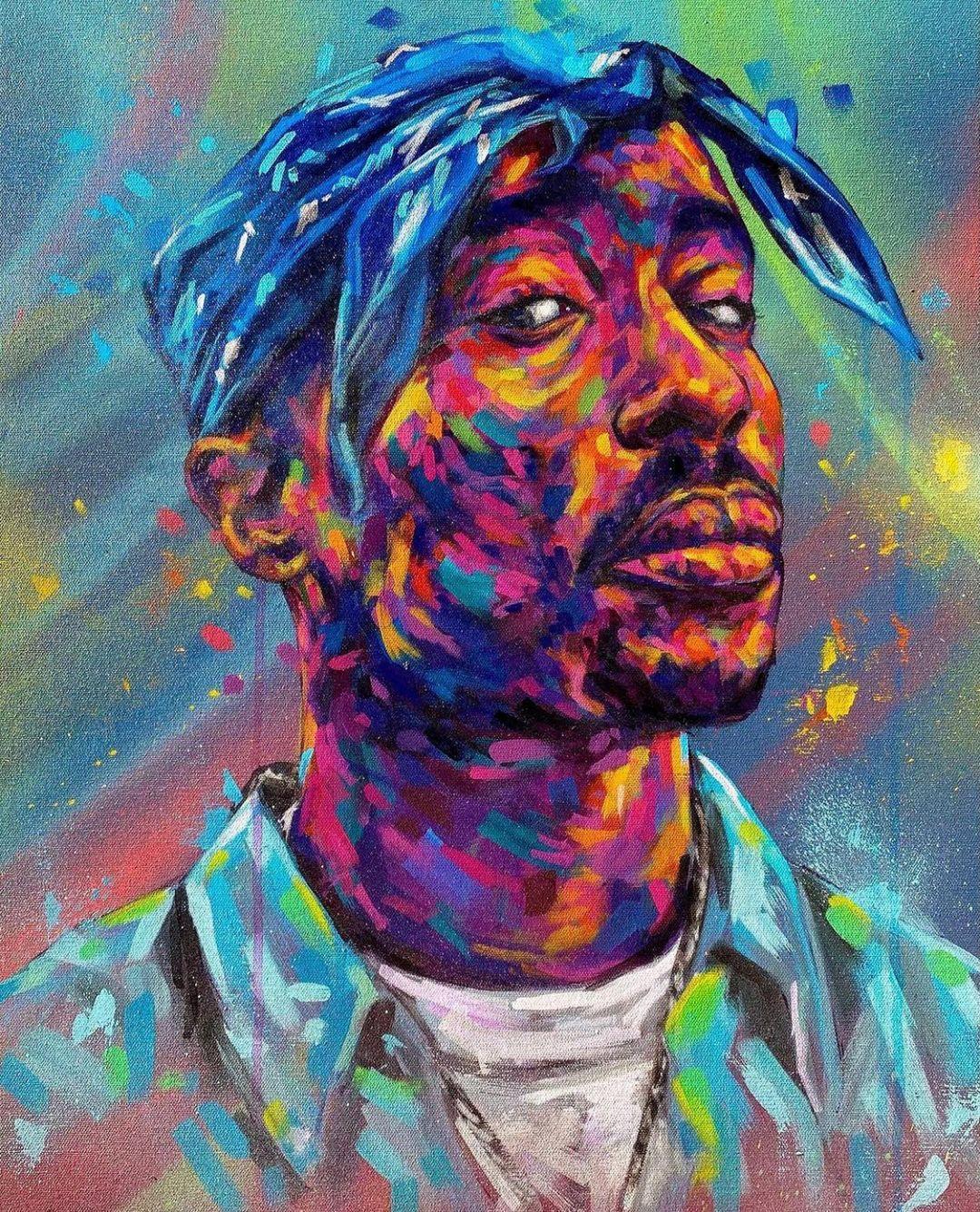 A photo art showing Tupac Shakur’s face.