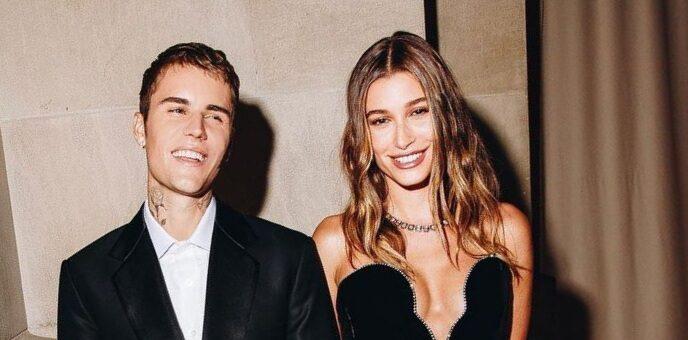 A photo showing Justin Bieber and Hailey Bieber in black outfits at the Met Gala.
