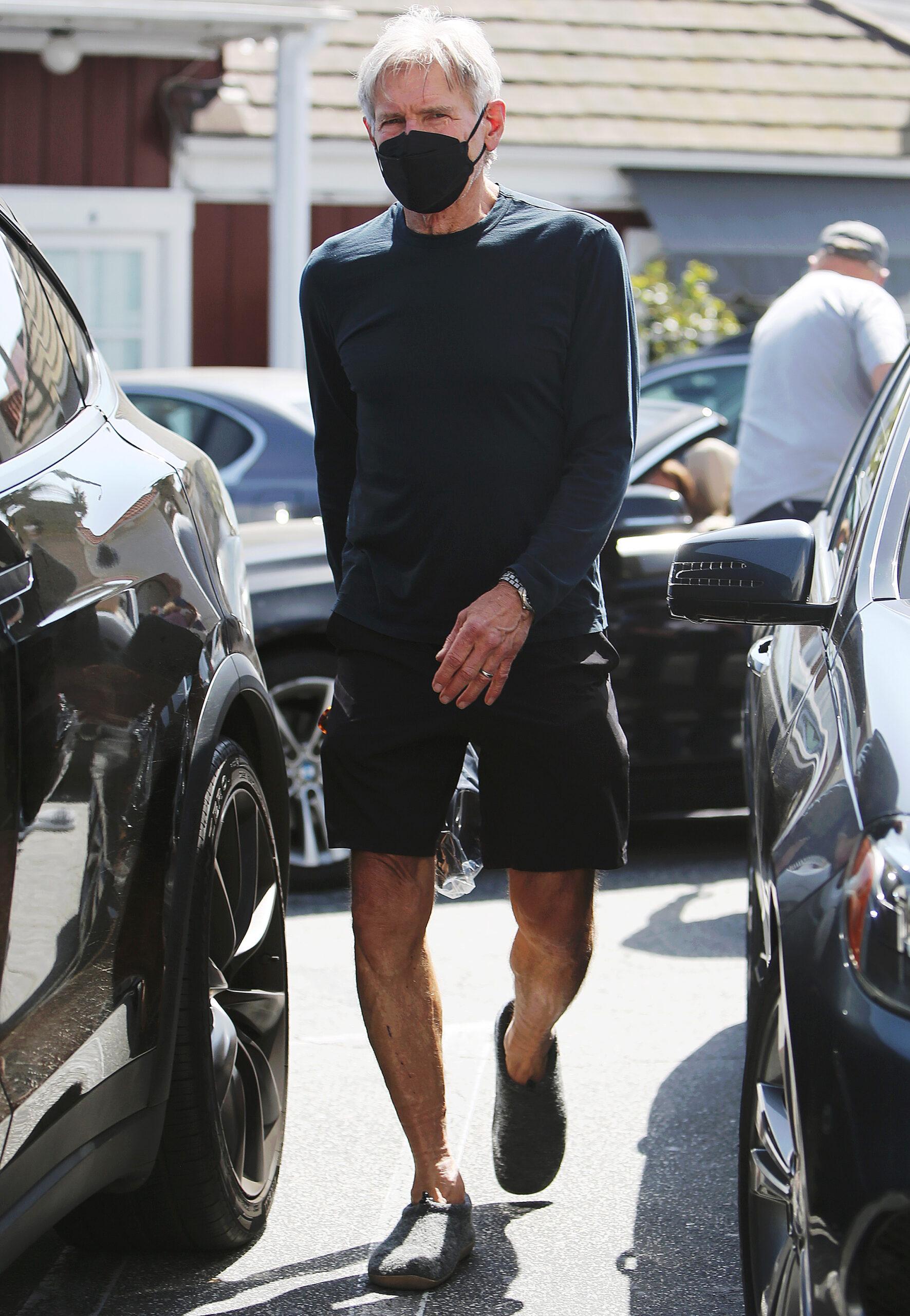 Actor Harrison Ford running errands in confortable loafers at the Brentwood Country Mart in Los Angeles