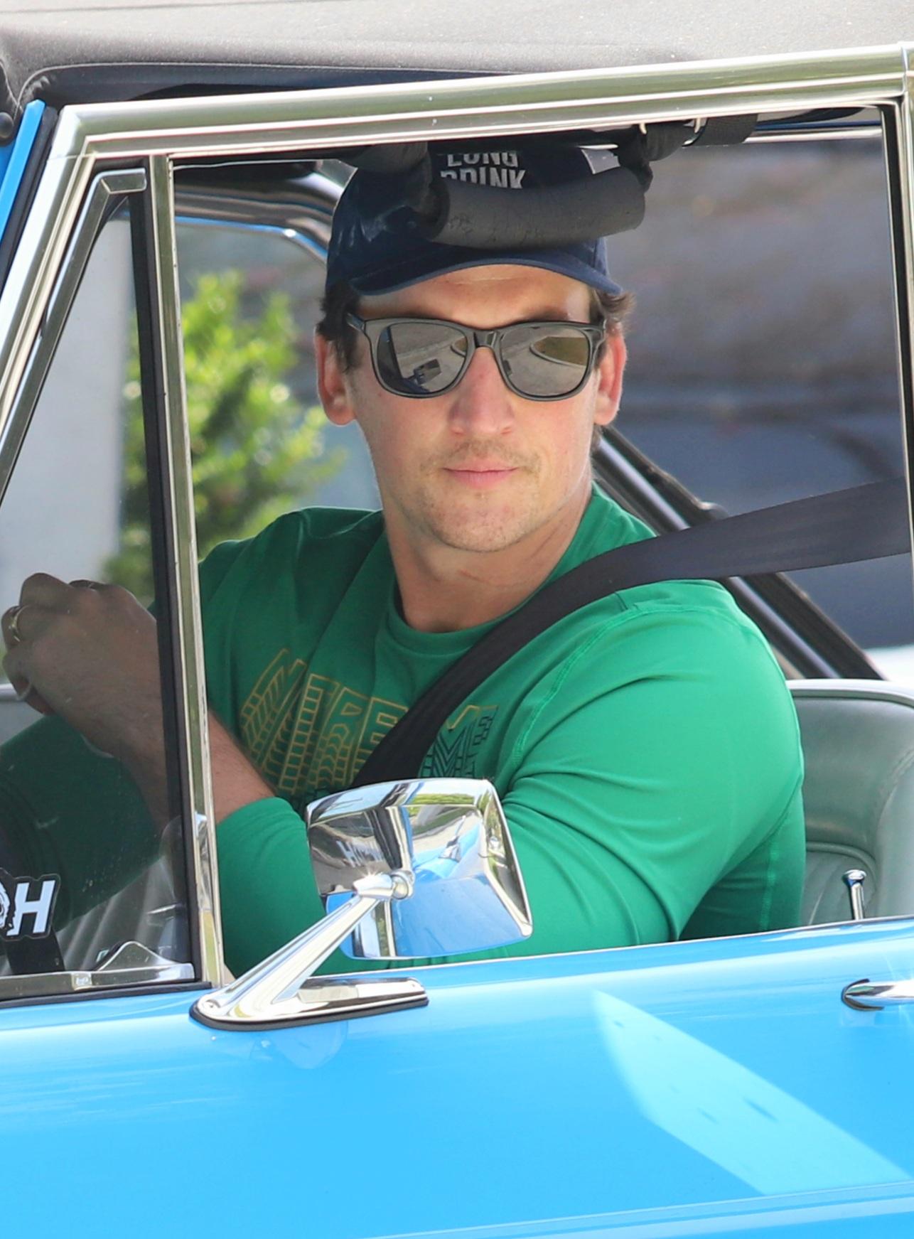 Miles Teller seen after a workout in his Blue Ford Bronco
