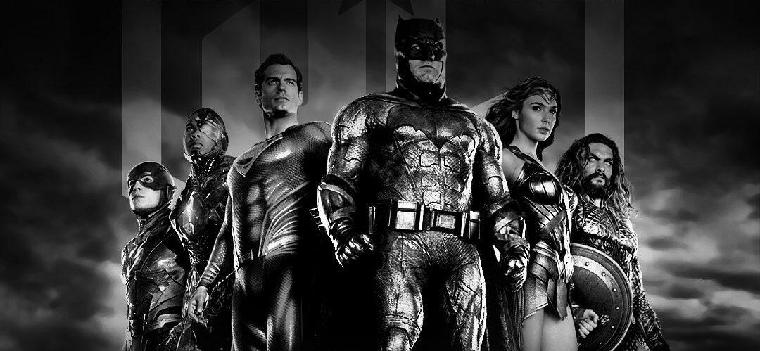 A black and white themed photo showing Zack Snyder's 'Justice League' super heroes