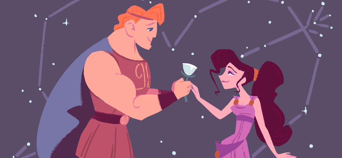 A photo showing Hercules giving Megara a flower.