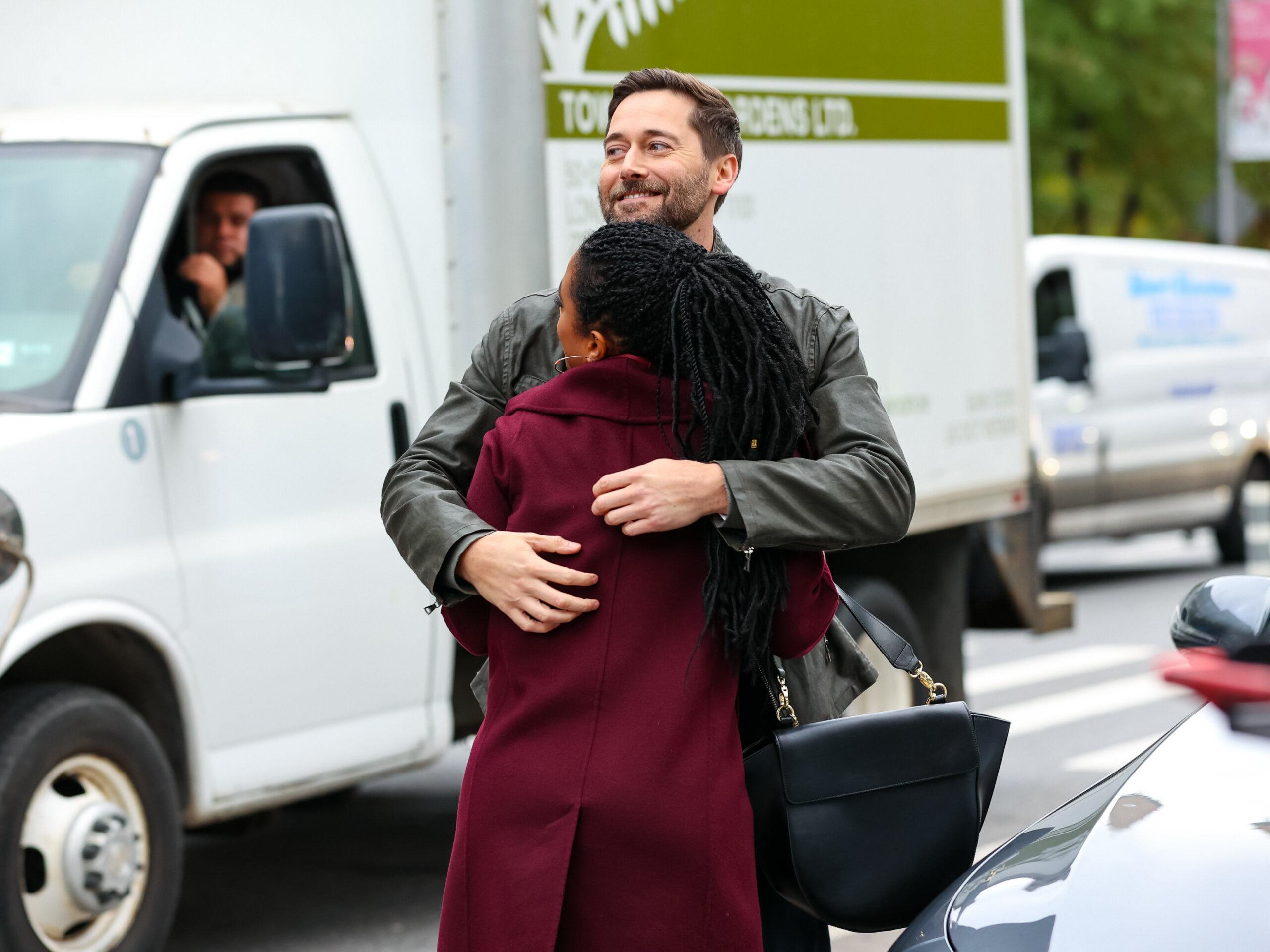 Ryan Eggold is seen on the film set of the 'New Amsterdam' TV Series in New York City.