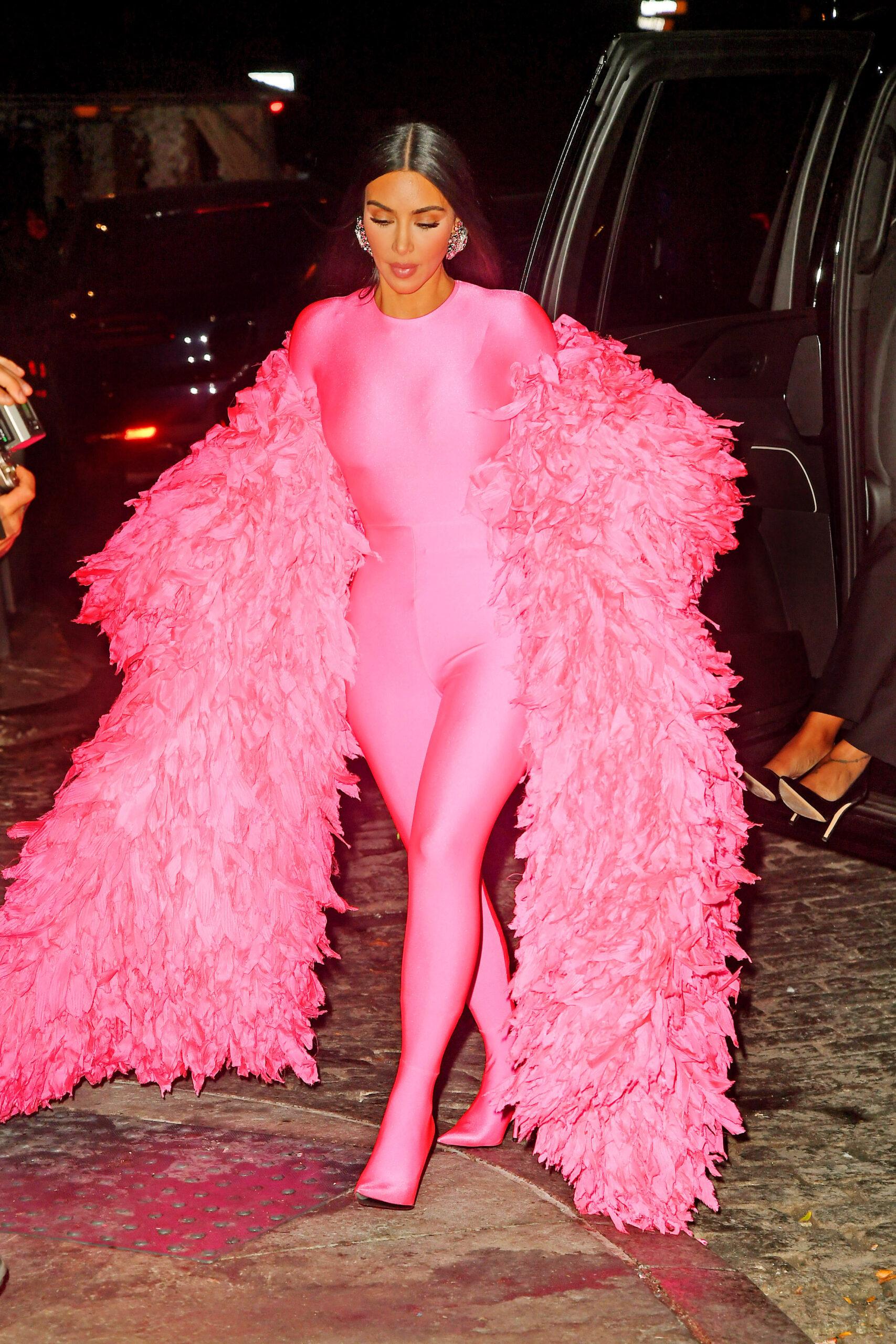 Kim Kardashian West arrives to the SNL after party in an all pink Balenciaga