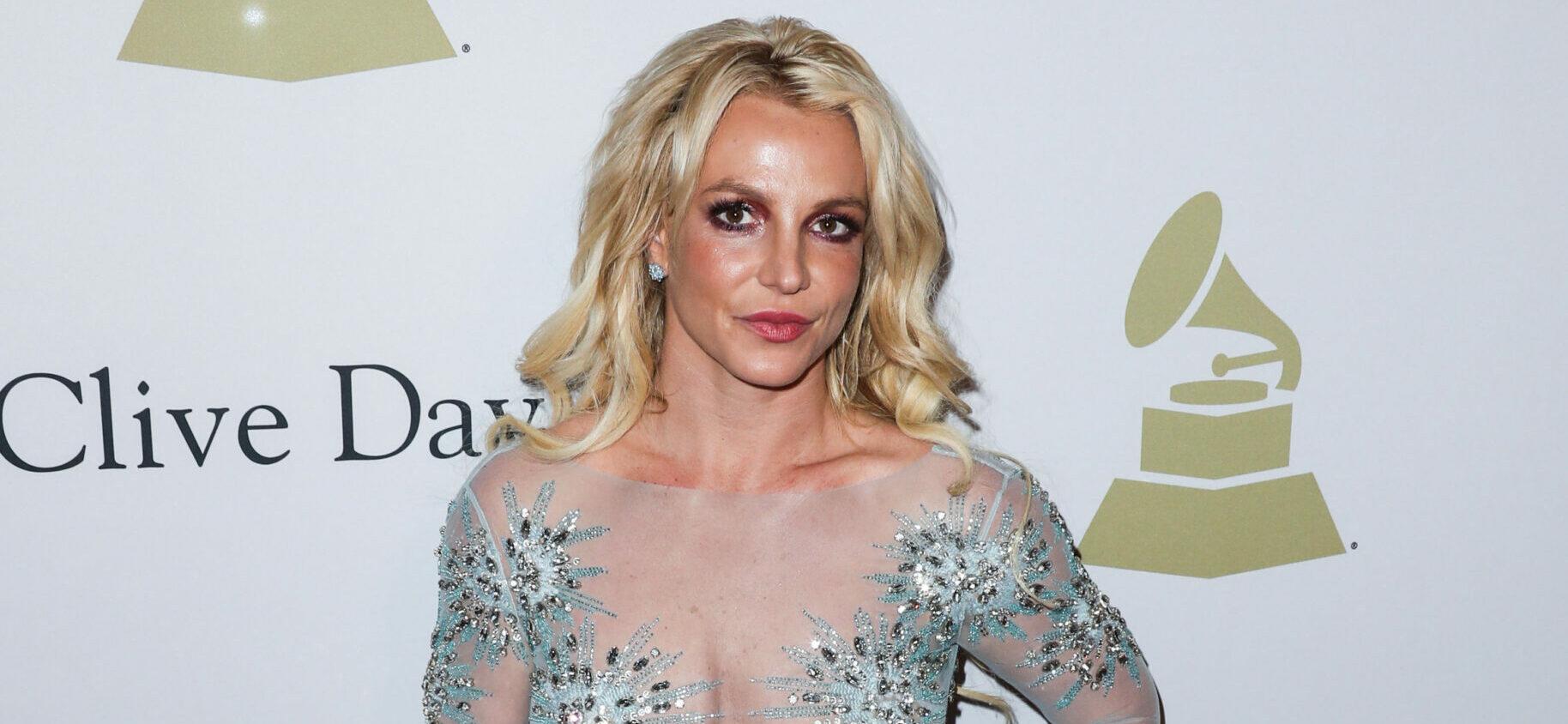 Britney Spears wearing a custom Uel Camilo dress, Loriblu shoes and bag, and a Jen Hansen ring arrives at The Recording Academy And Clive Davis' 2017 Pre-GRAMMY Gala