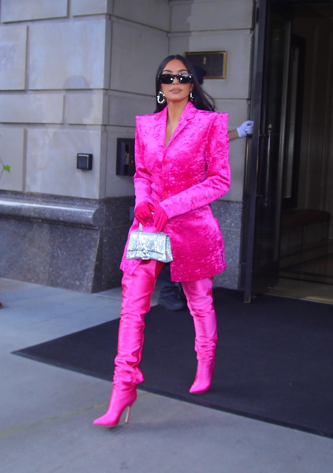Kim Kardashian heads to SNL rehearsal in a pink Balenciaga outfit