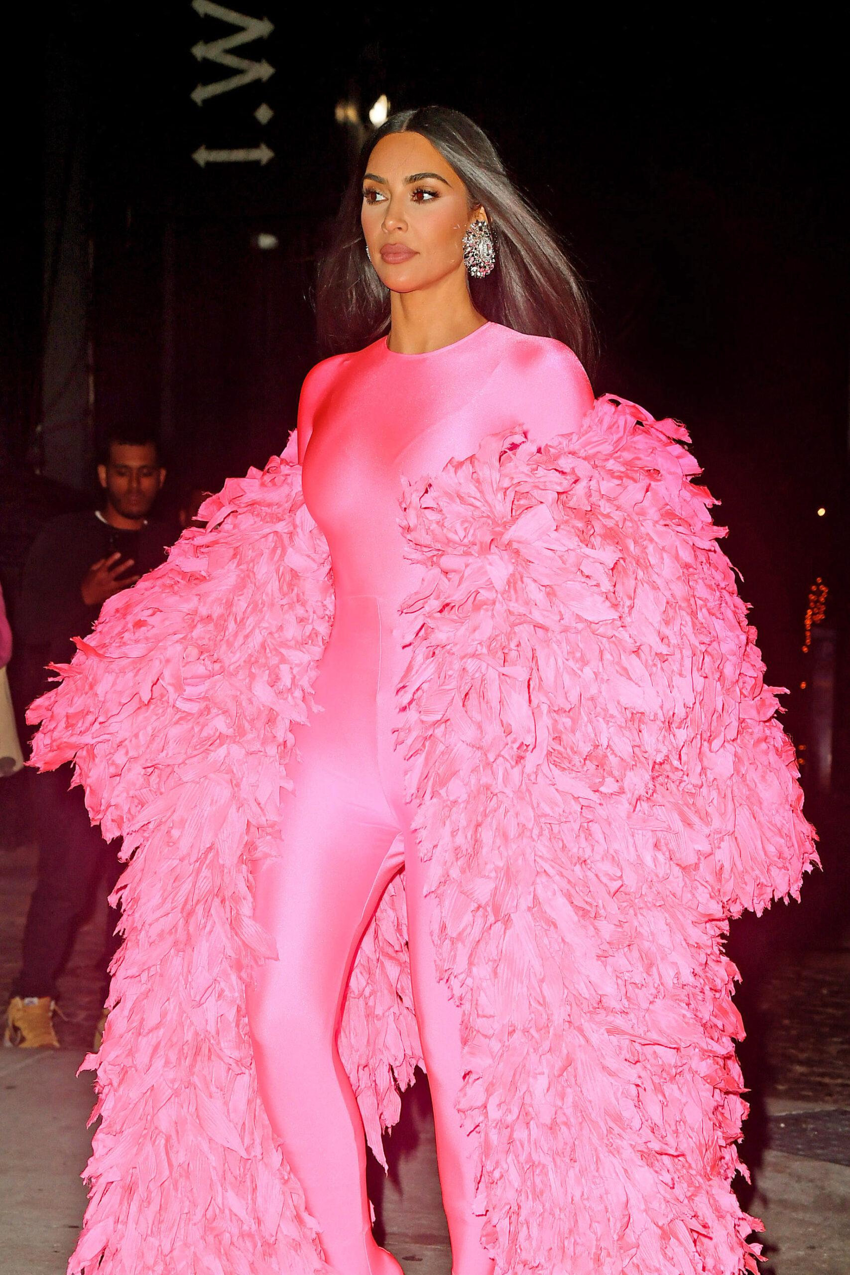 Kim Kardashian West arrives to the SNL after party in an all pink Balenciaga