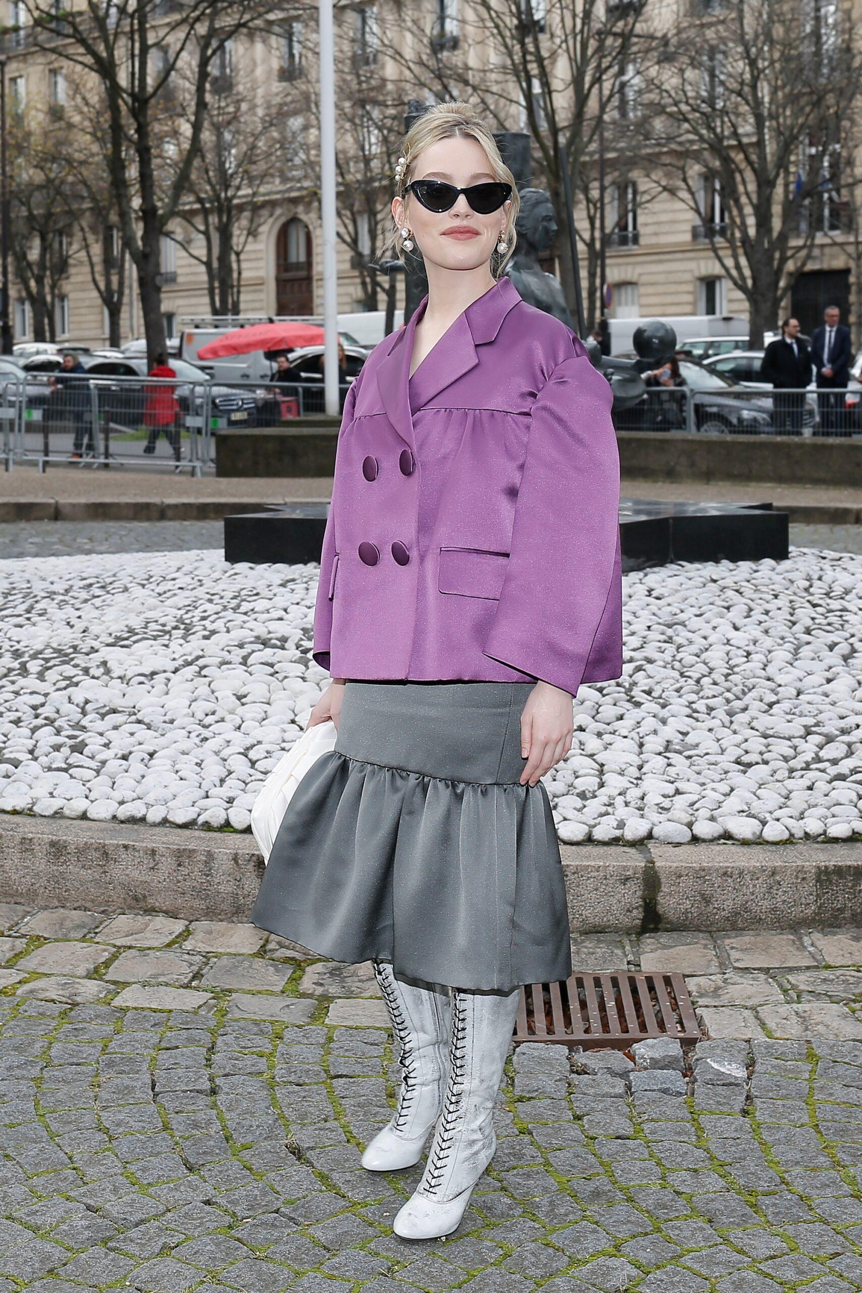 Victoria Pedretti arriving at Miu Miu show during Paris Fashion Week 2020