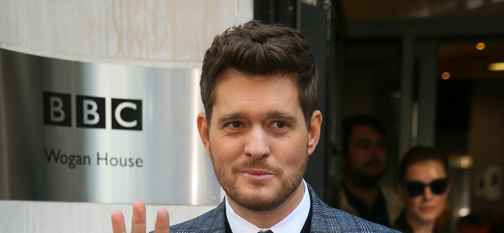 Singer Michael Buble seen leaving BBC Radio Two Studios after appearing on Chris Evans Breakfast show - London