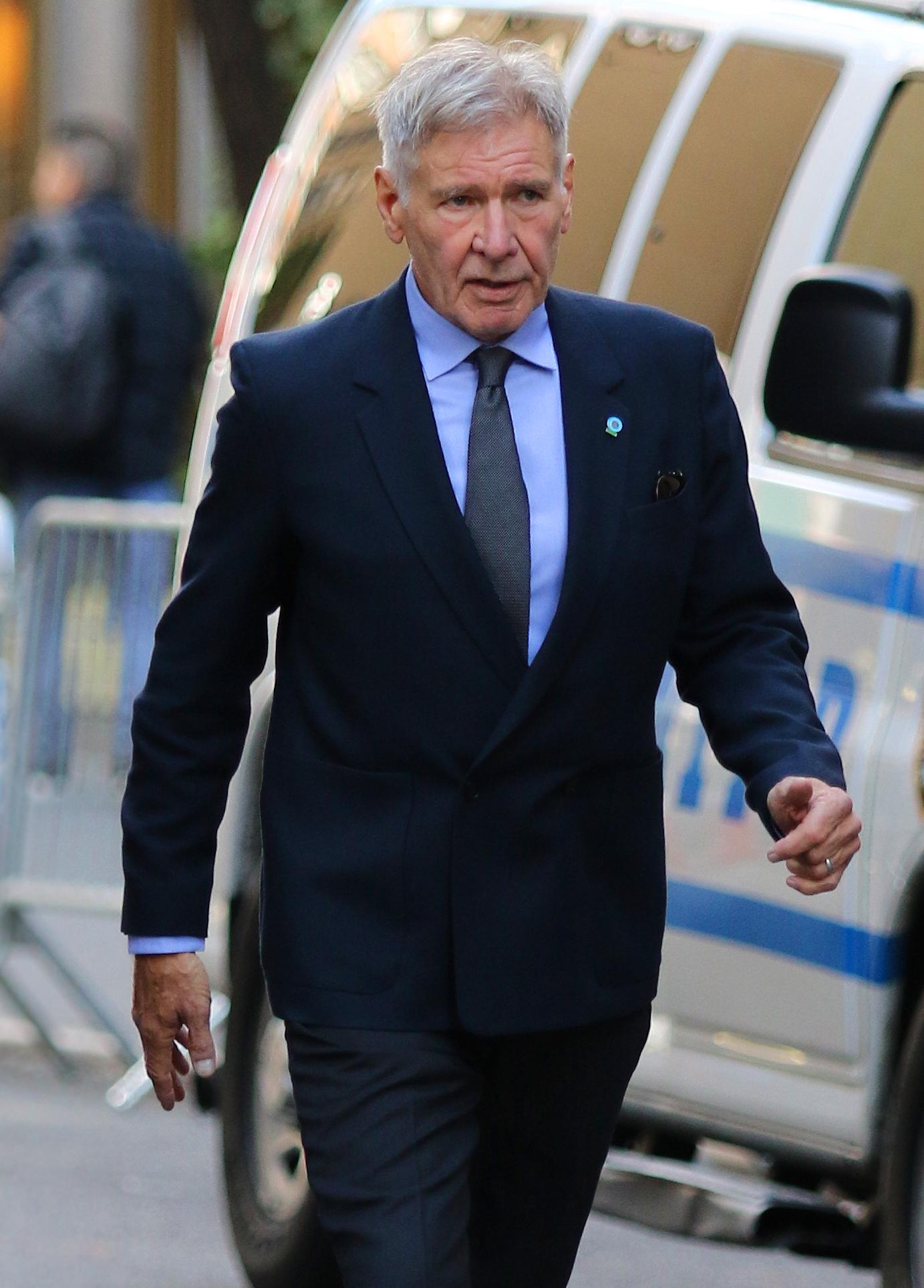 Harrison Ford is denied entry by Homeland Security Police during gridlock streets for UN General Assembly in NYC