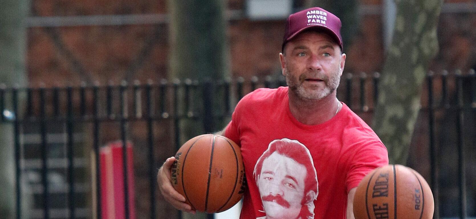 Liev Schreiber wears a Bill Murray shirt while playing basketball in NYC