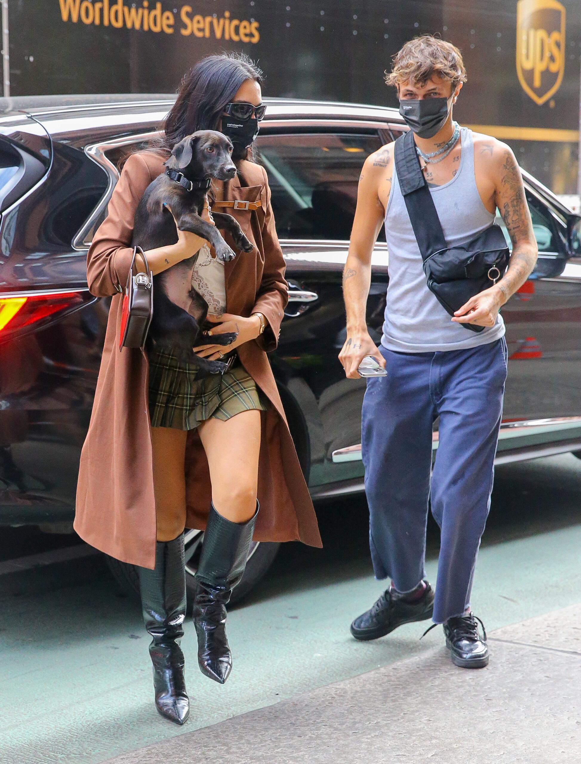 Dua Lipa and Anwar Hadid seen with their dog as arriving back at their hotel in NYC
