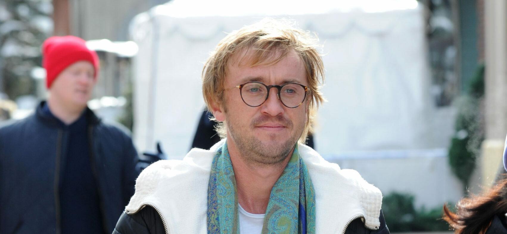 Tom Felton fashions a long scarf as he promotes film 'Ophelia' at Sundance. The Harry Potter star was seen promoting his film at the festival in Park City, Utah. 22 Jan 2018 Pictured: Tom Felton. Photo credit: Atlantic Images/ MEGA TheMegaAgency.com +1 888 505 6342 (Mega Agency TagID: MEGA150858_002.jpg) [Photo via Mega Agency]