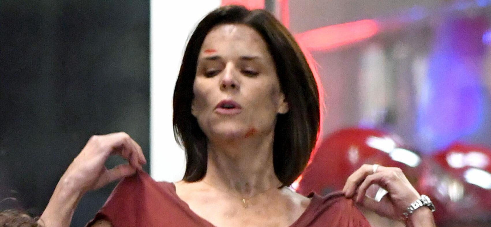 Neve Campbell appears bruised and battered on set of Skyscraper filming in Vancouver, Canada