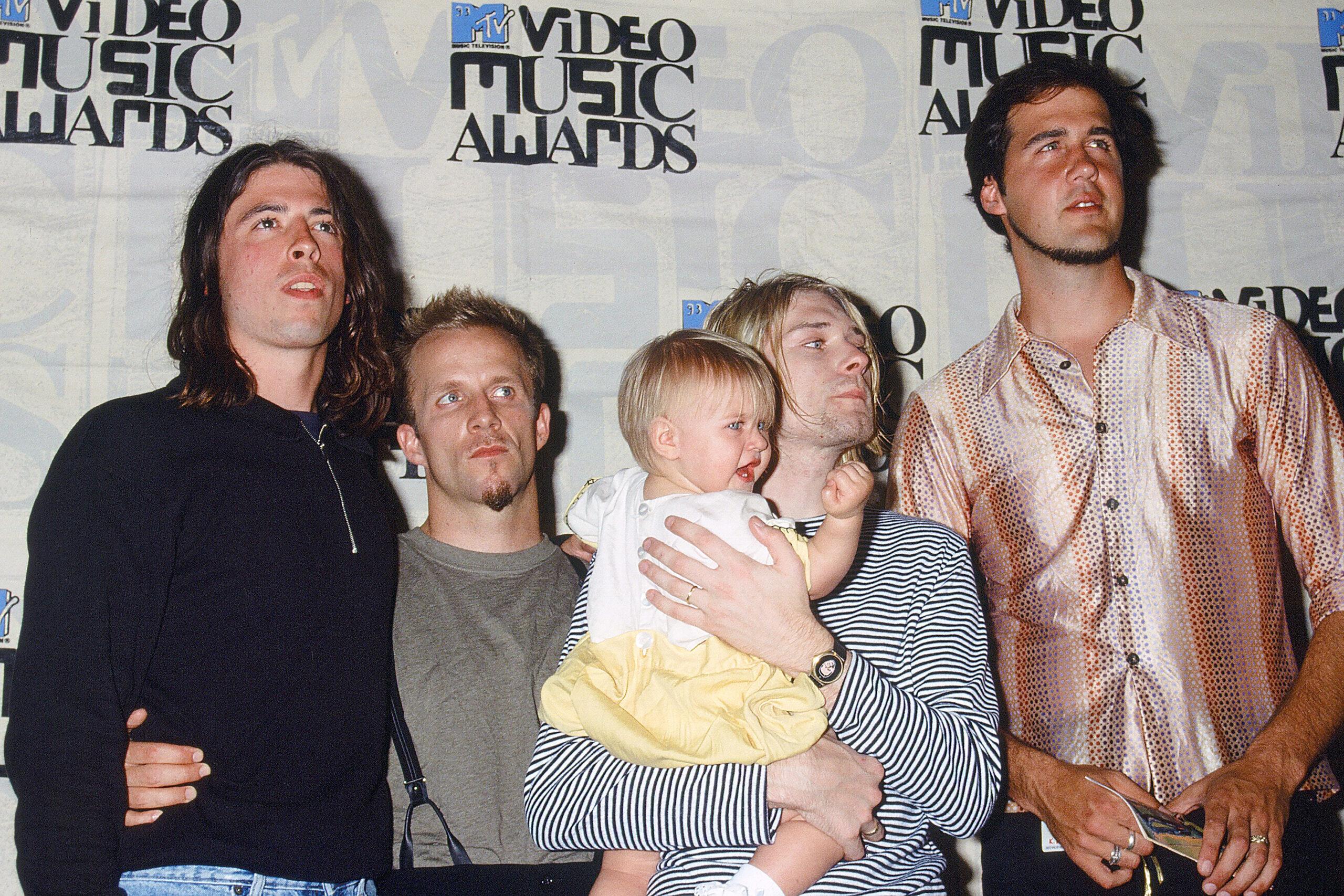 Nirvana, Frances Bean Cobain, Kurt Cobain at the 10th Annual MTV Video Music Awards at the Universal Ampitheater on September 2, 1993 in Los Angeles, CA Newscom/(Mega Agency TagID: khphotos672075.jpg) [Photo via Mega Agency]