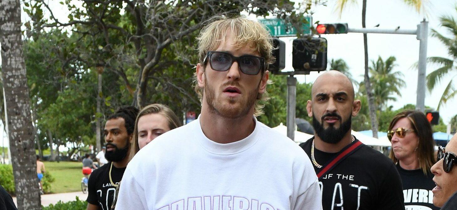Floyd Mayweather and Logan Paul and their entourages arrive to Versace Mansion for a press conference before their big fight in Miami