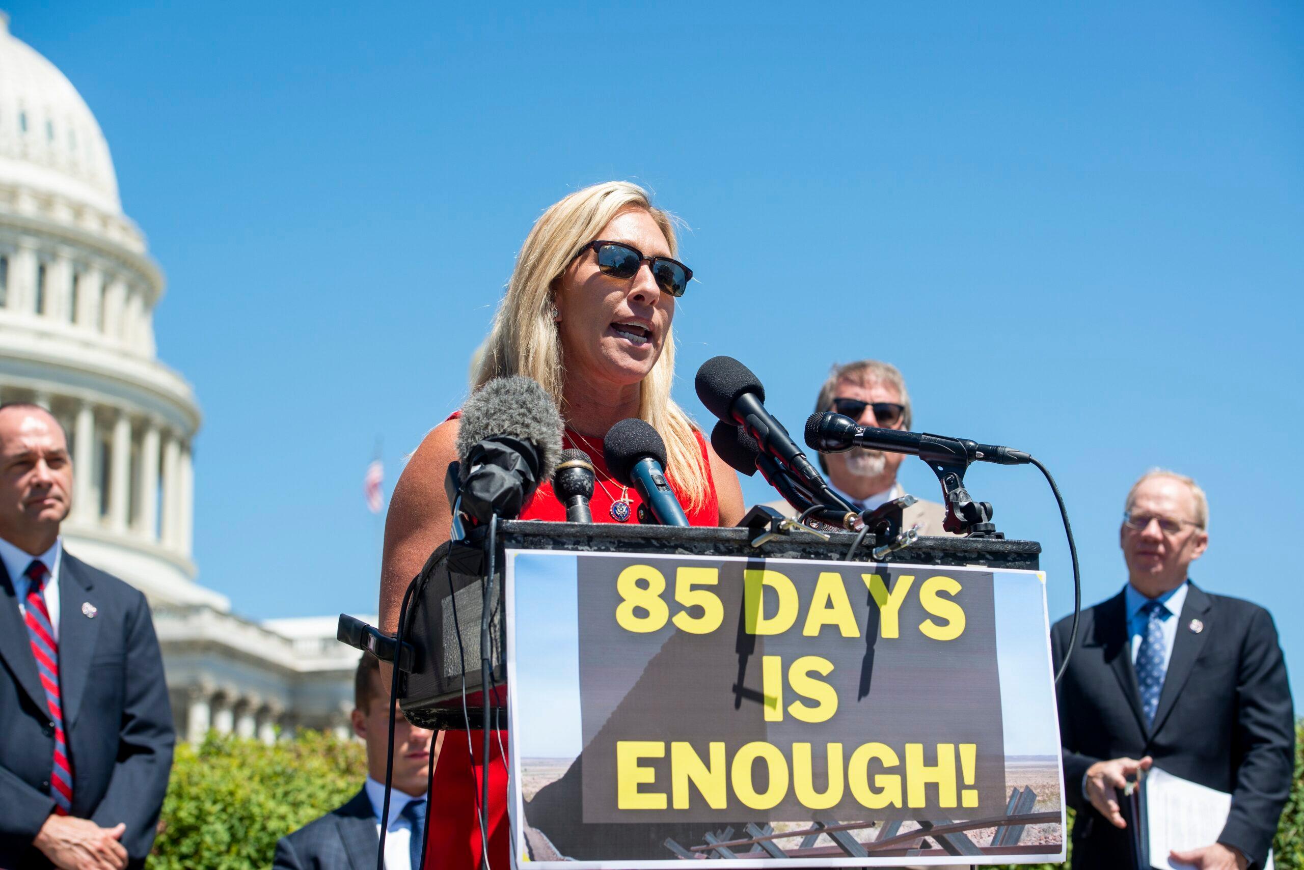 Marjorie Taylor Greene at a Republican press conference on Vice President Harris apos oversight of the border crisis outside of the US Capitol