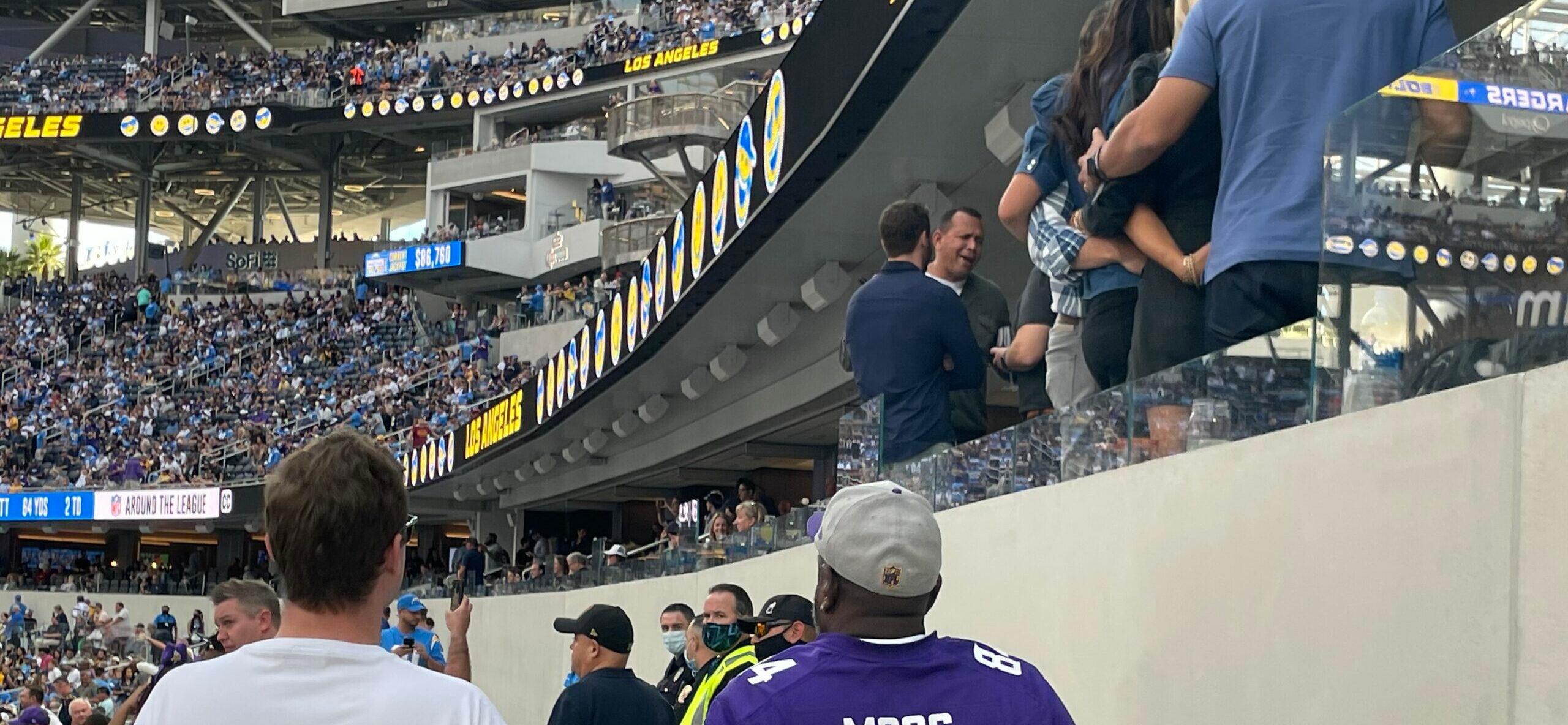 Alex Rodriguez has a guys day at the football game as he chats with owners in his vip suite to watch Chargers in LA