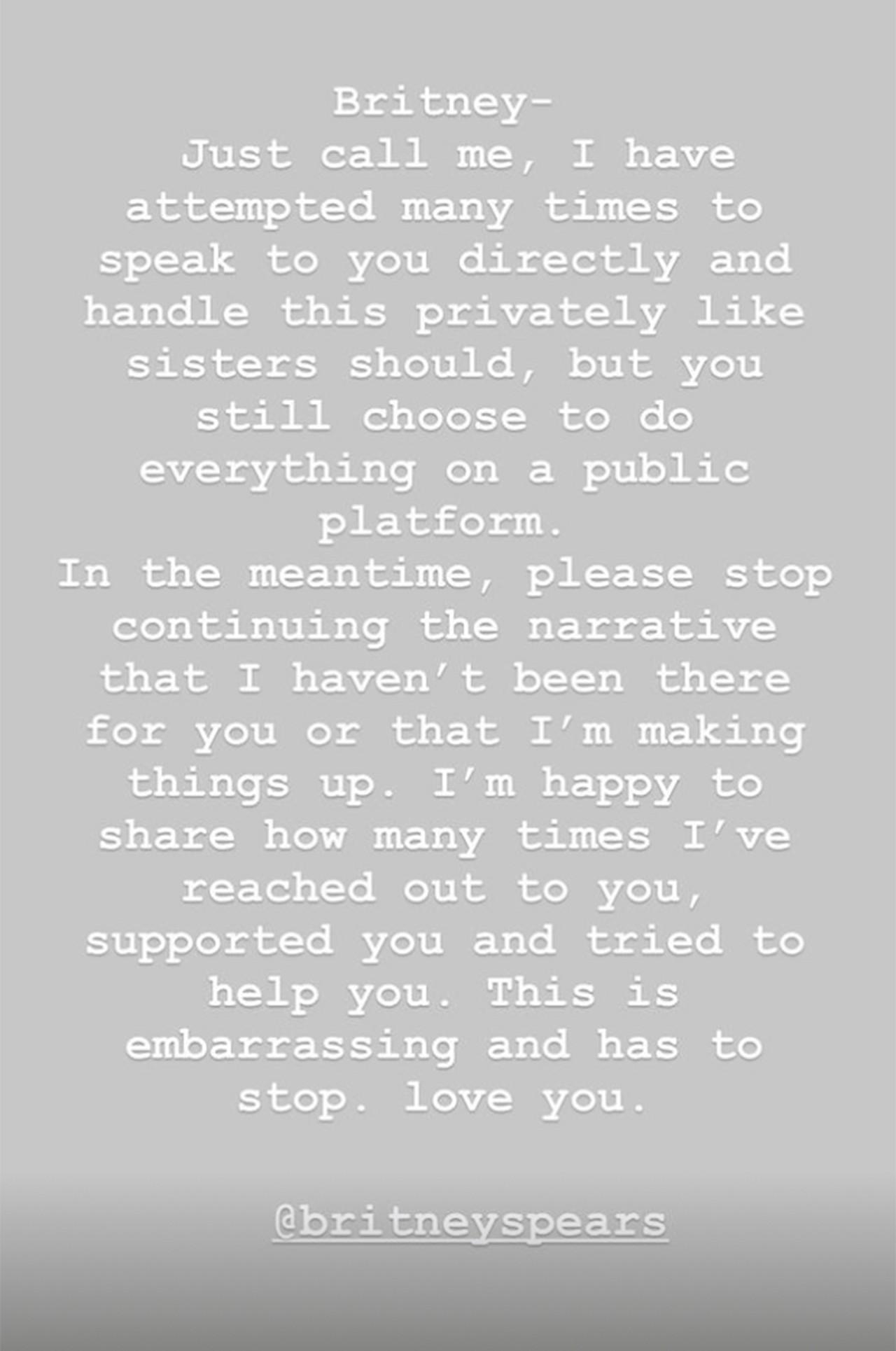 Jamie Lynn Spears Instagram message to Britney
