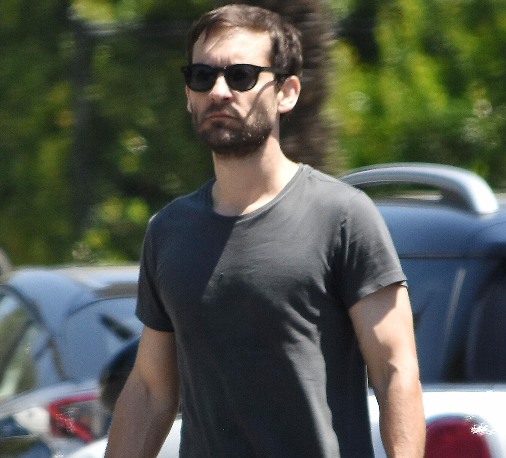 Tobey Maguire finishes his workout as he displays his buffed arms in Los Angeles. 12 Jun 2018.