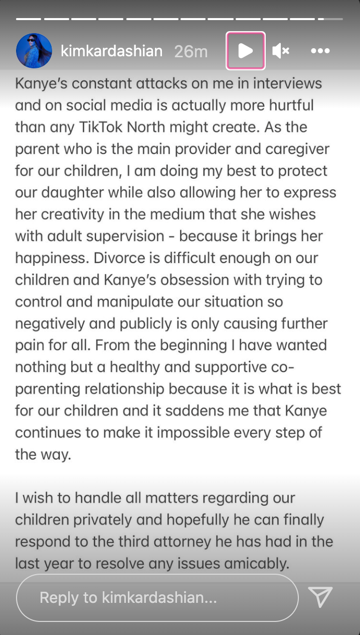 Kim responds to Kanye