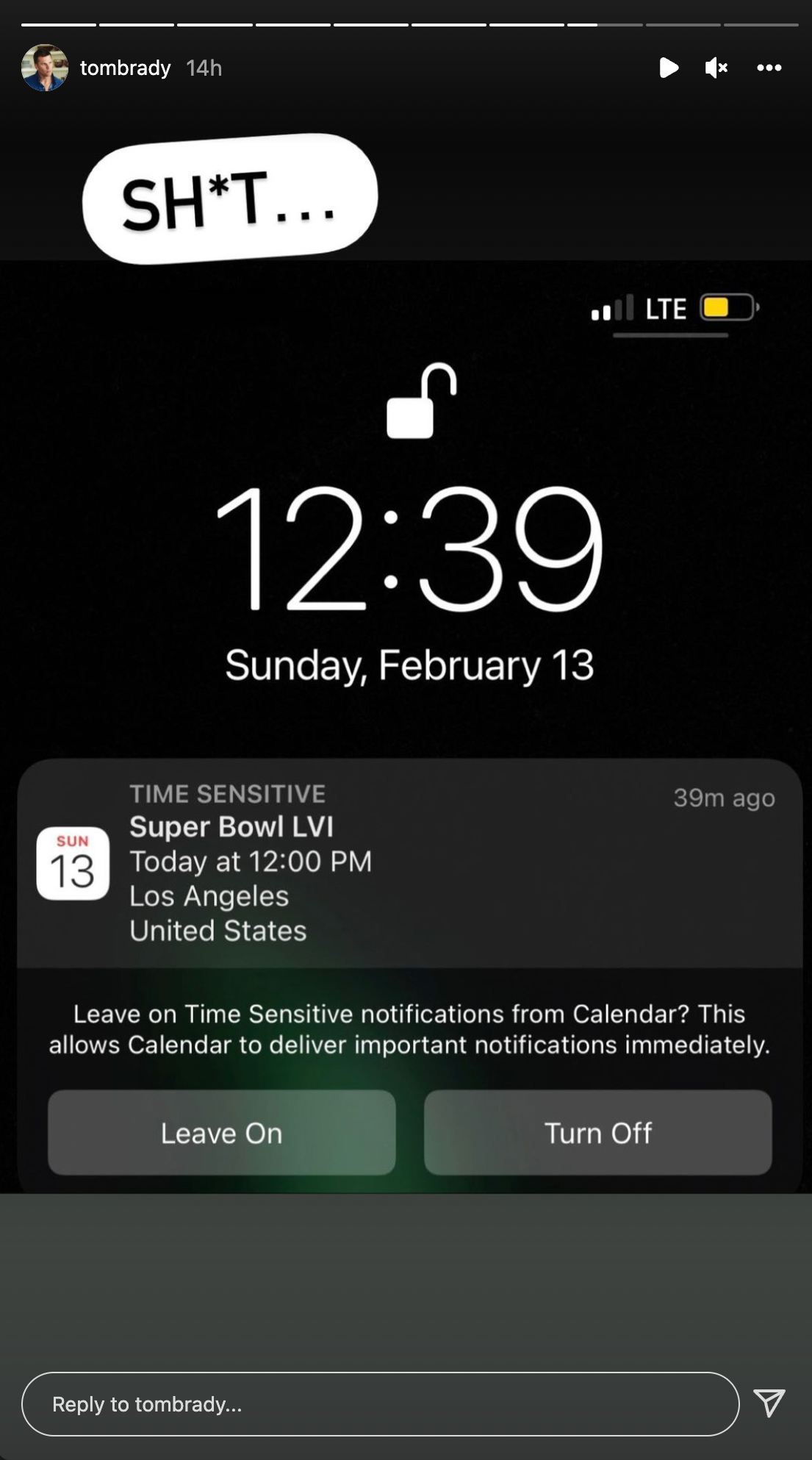 Tom Brady's screengrab of Super Bowl reminder.