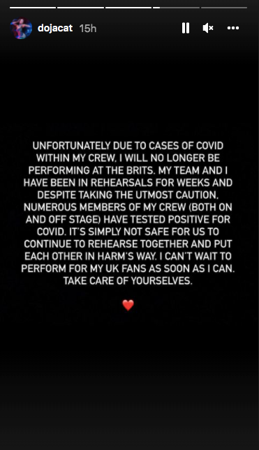 Doja Cat's post on her Instagram story