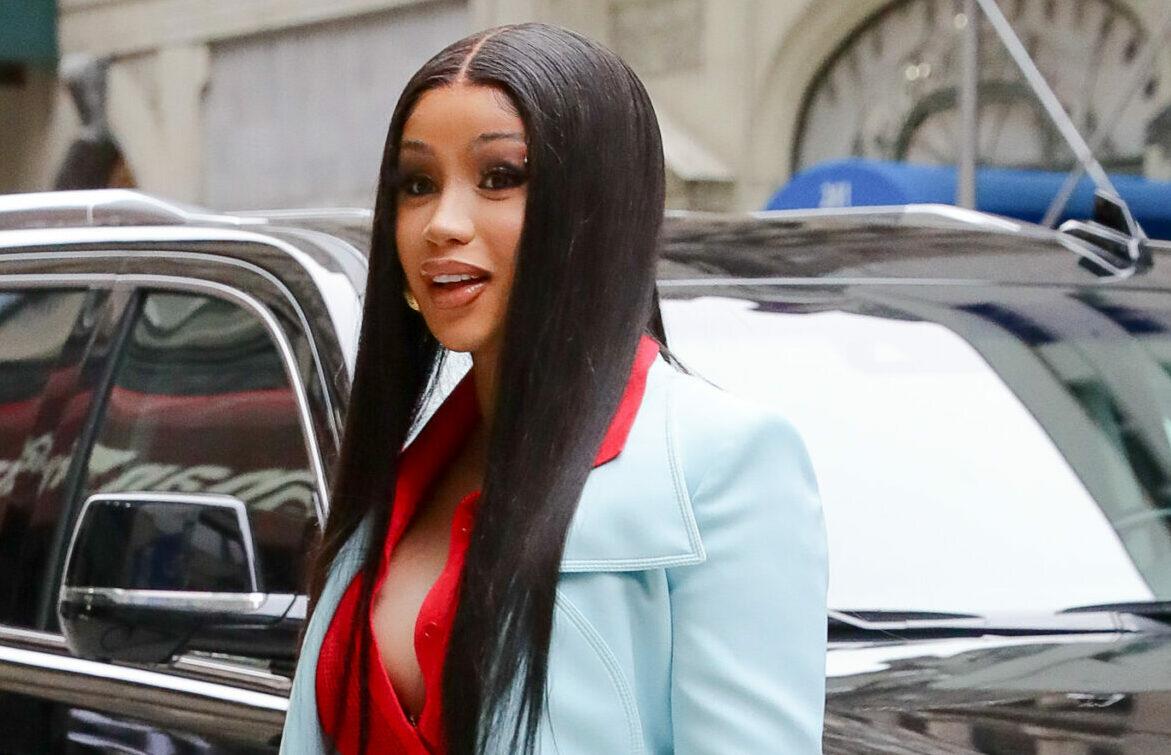 Cardi B looks looks radiant in a light blue suit as arriving at an office building in NYC. 02 Nov 2021 Pictured: Cardi B.