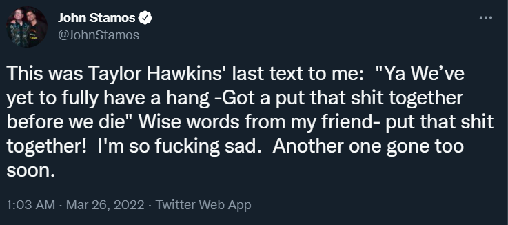 John Stamos shares Taylor Hawkins last text message