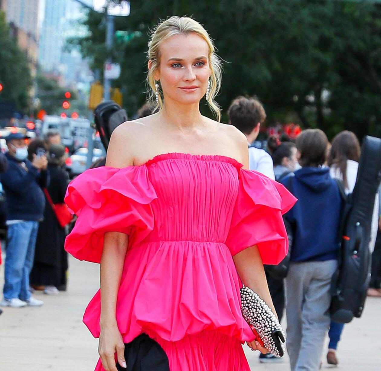 Diane Kruger looks radiant in a bright pink gown in NYC on Sep 30 2021