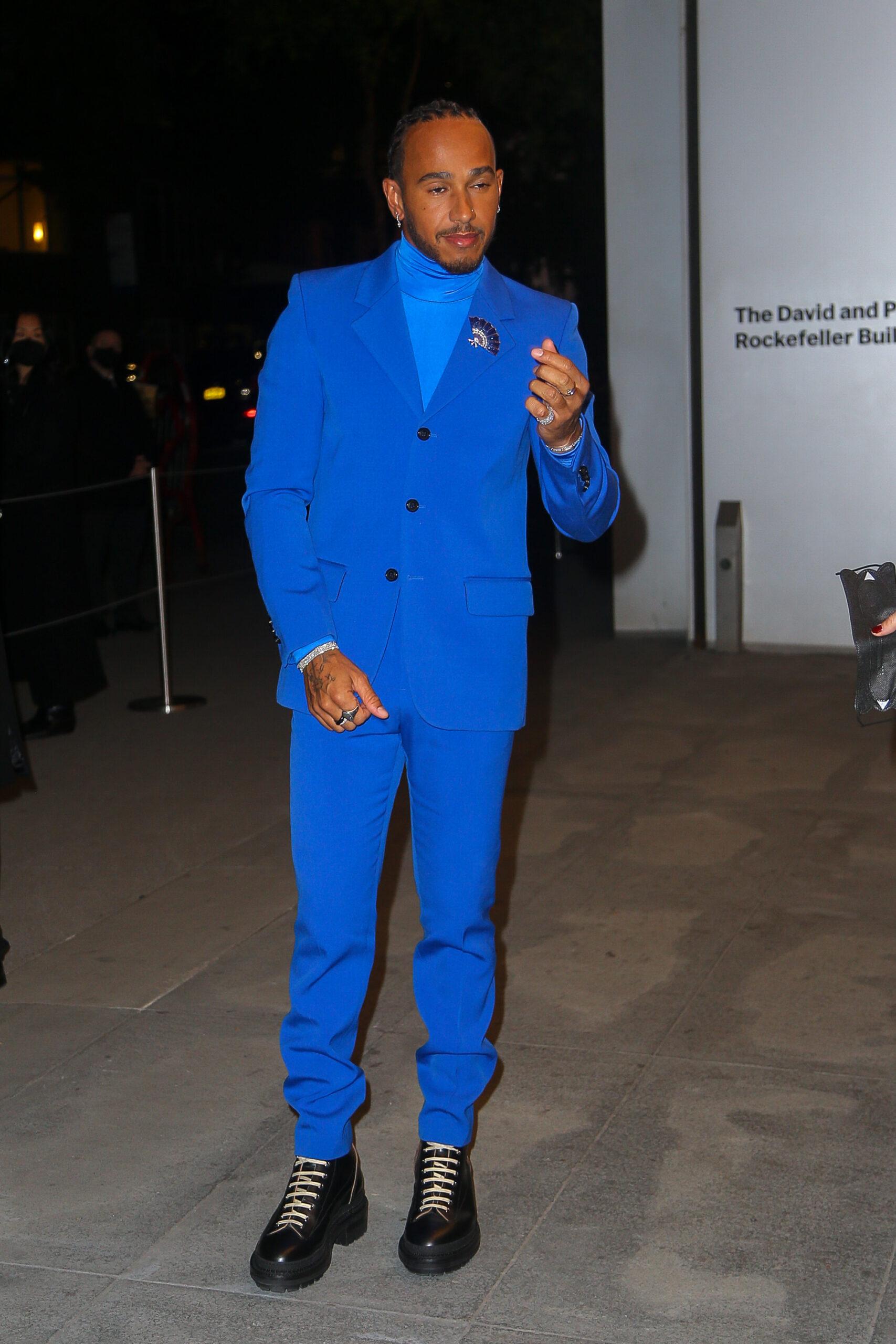 Lewis Hamilton looks sharp in a bright blue suit while arrives at the WSJ Magazine 2021 Innovator Awards in NYC on Nov 01 2021