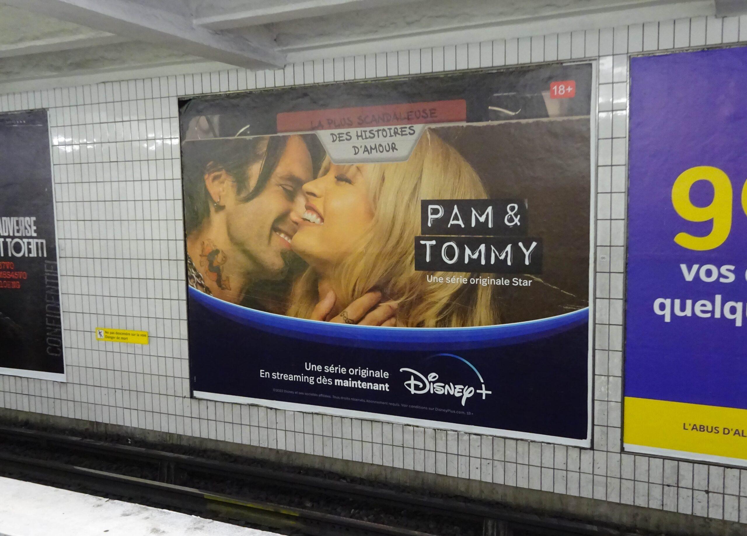 Lily James and Sebastian Stan in the Pam amp Tommy advert poster in the Metro in Paris