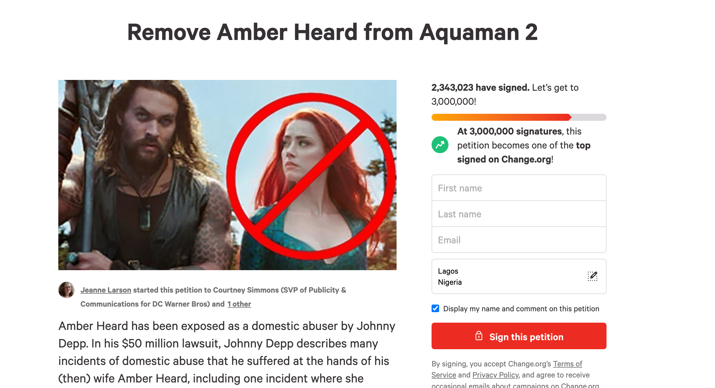 Amber Heard "Aquaman 2" petition