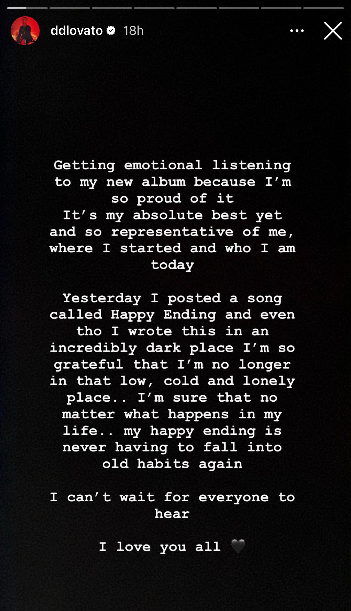 Demi Lovato's post on their Instagram story