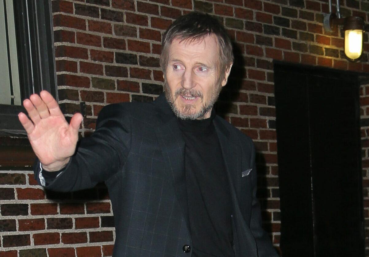 Liam Neeson waves as leaving The Late Show with Stephen Colbert in NYC