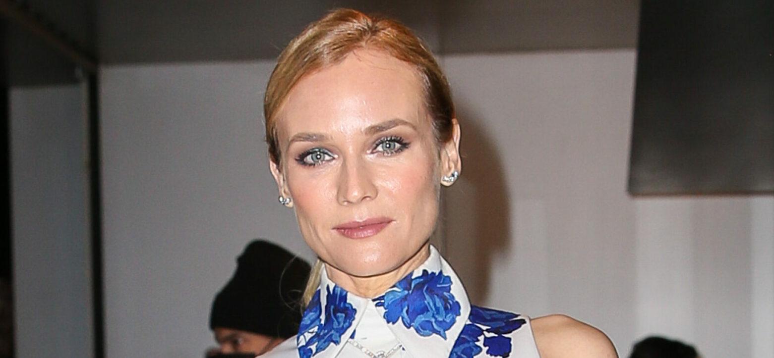Diane Kruger wears a white and blue floral print outfit while arrives at The MoMA Museum in New York City