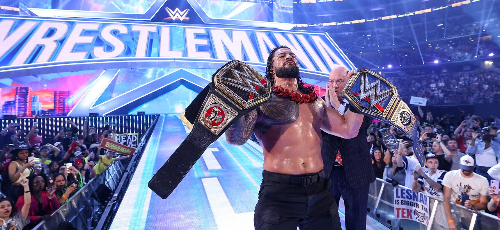 Roman Reigns celebrates win at WrestleMania