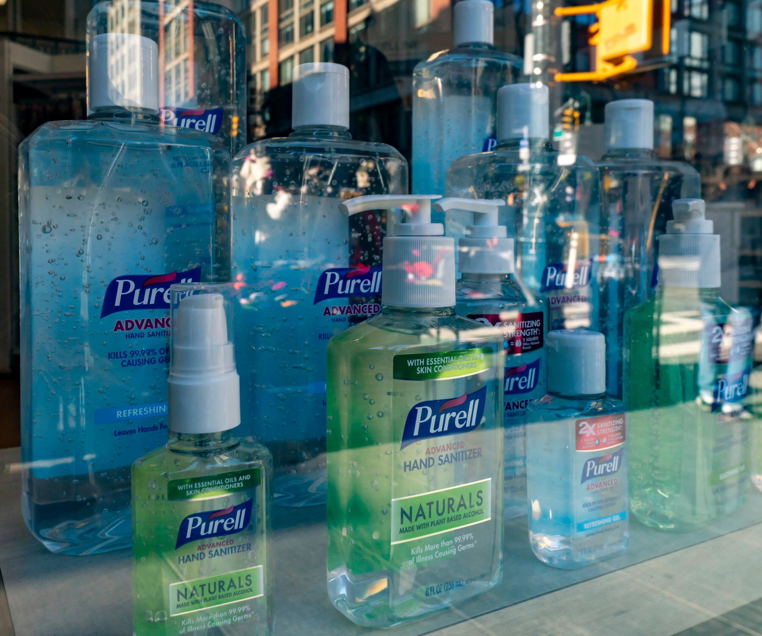 A display of Purell hand sanitizers in the window of a store in New York on Thursday, January 7, 2021. 