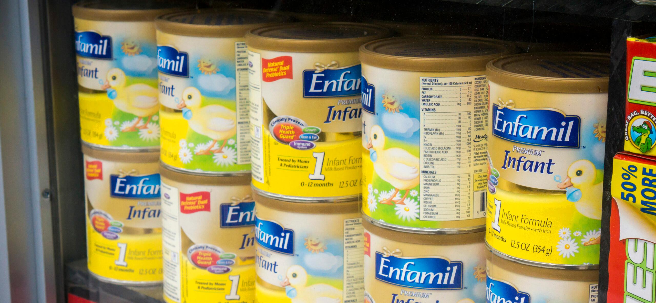 Containers of Enfamil Infant Formula are seen in the window of a grocery store in New York on Sunday, June 16, 2013. The nationwide shortage of baby formula is stressing out parents.