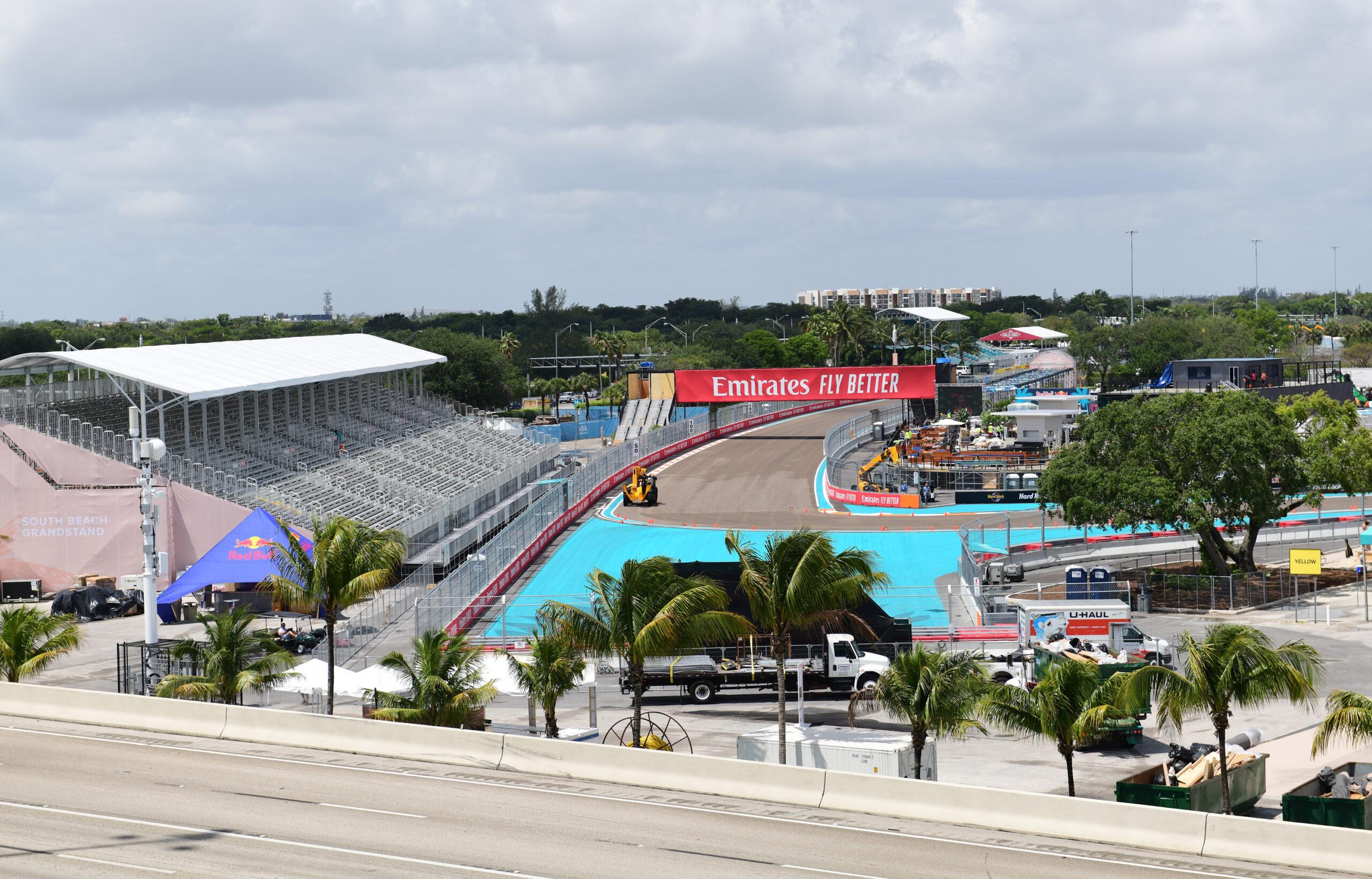 The final touches are put on the inaugural Miami F1 Grand Prix track at Miami International Autodrome in Miami Gardens