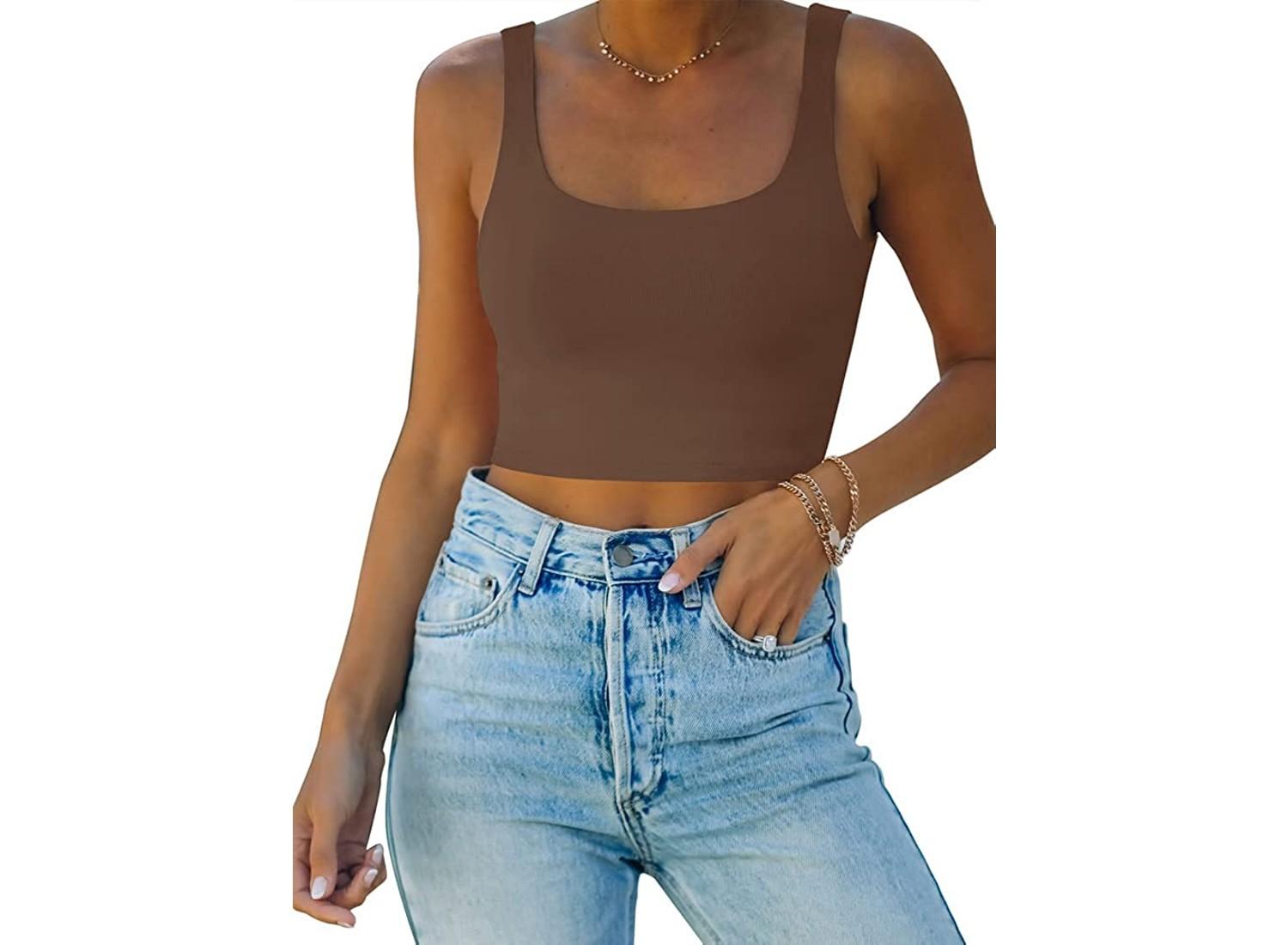 A woman wearing a coffee-colored Reoria cropped tanktop.