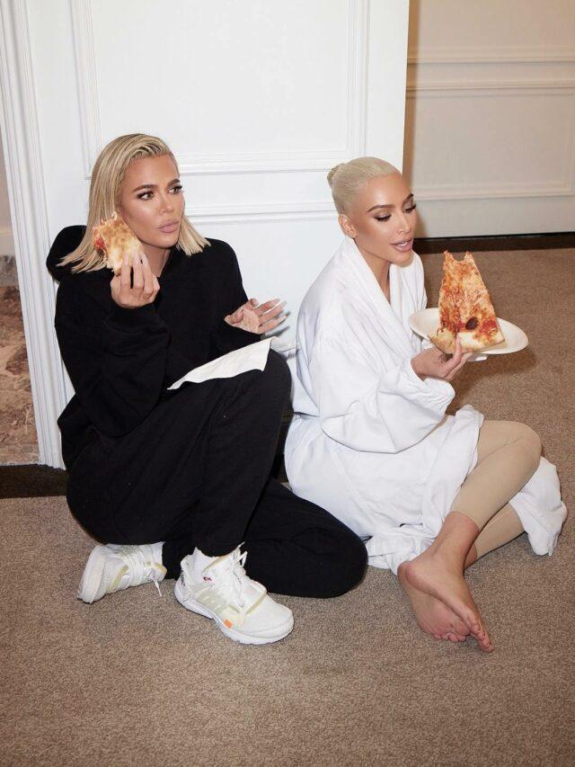 Kim Kardashian and Khloe eating pizza