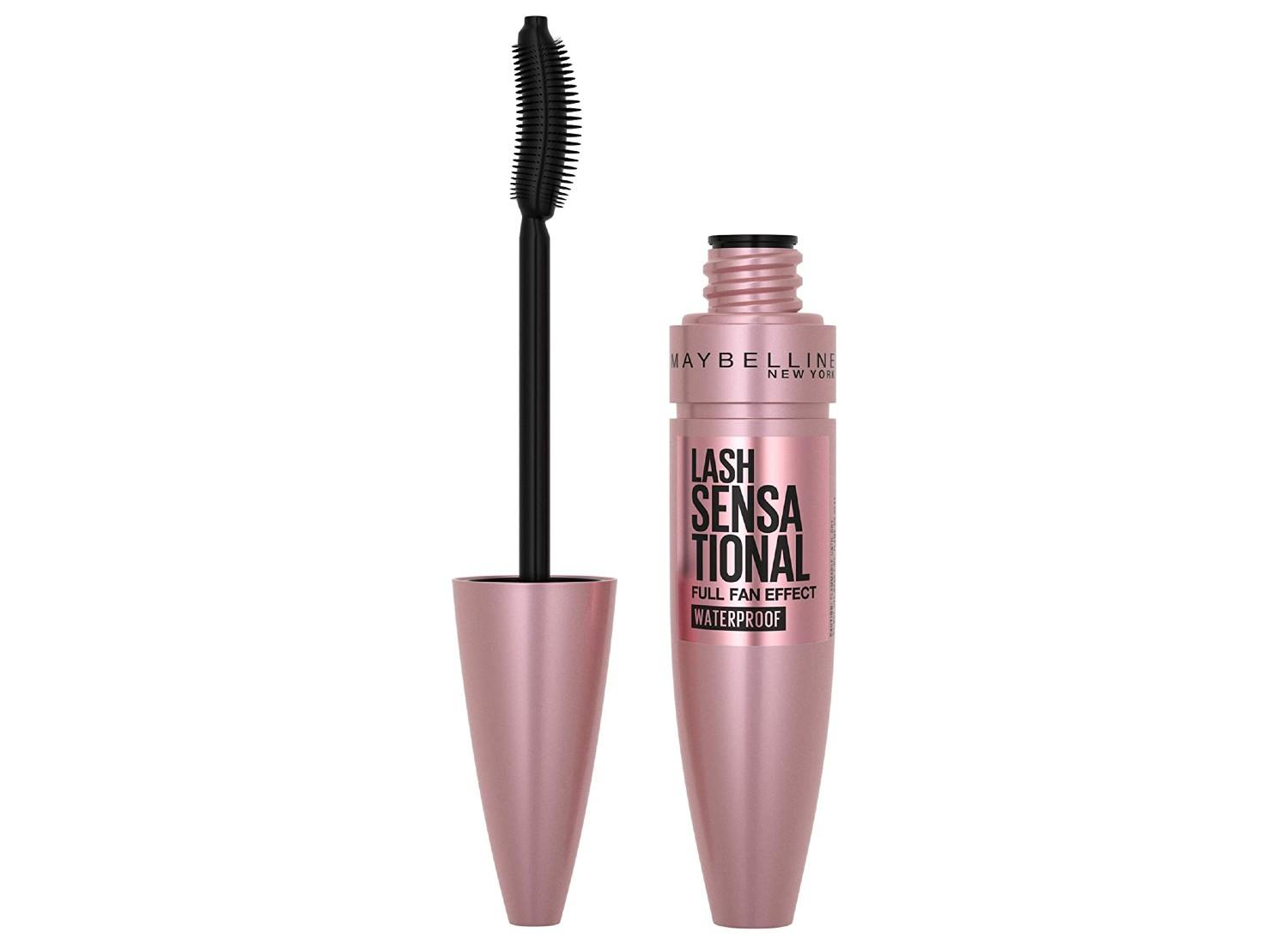 An open Maybelline mascara bottle and applicator.