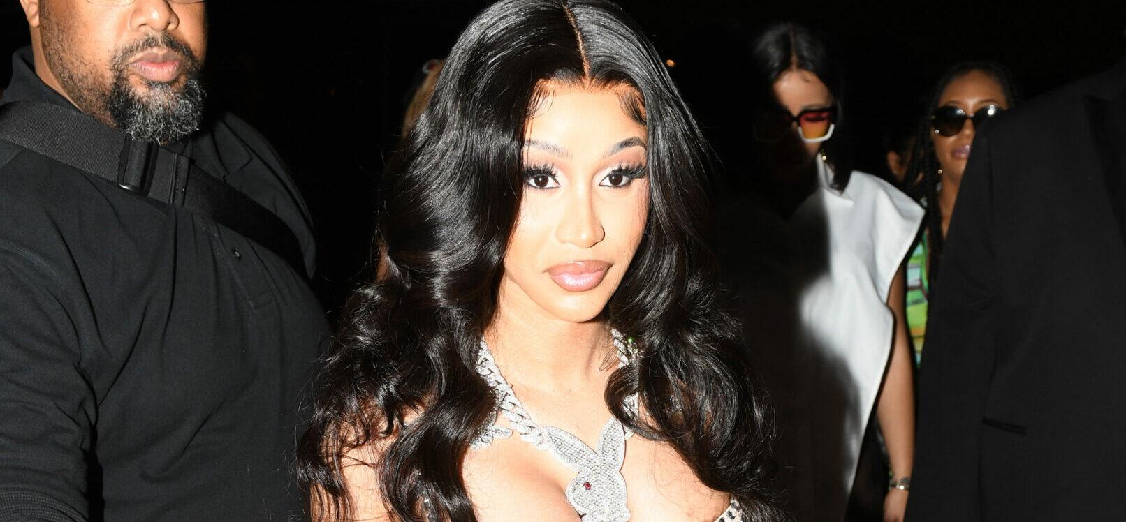 Cardi B shows off her ample curves in a sequin dress while arriving to PlayBoy x Big Bunny party during Art Basel weekend in Miami Beach