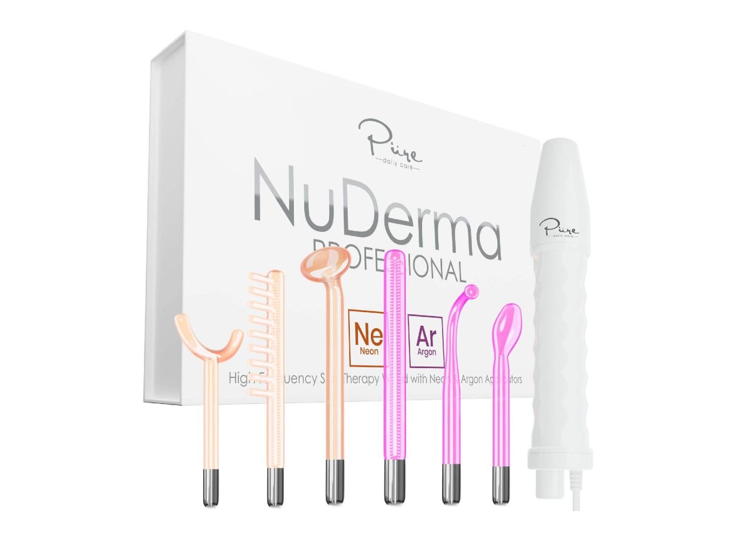 A NuDerma Professional Skin Therapy Wand set and its box.