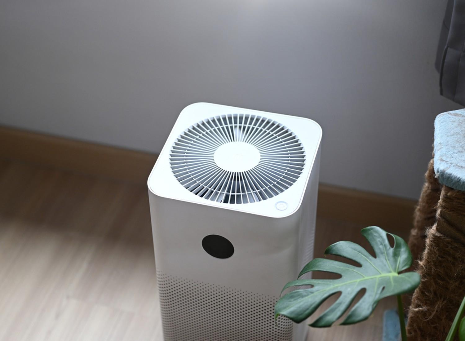 An air purifier by a wall and plant in a house.