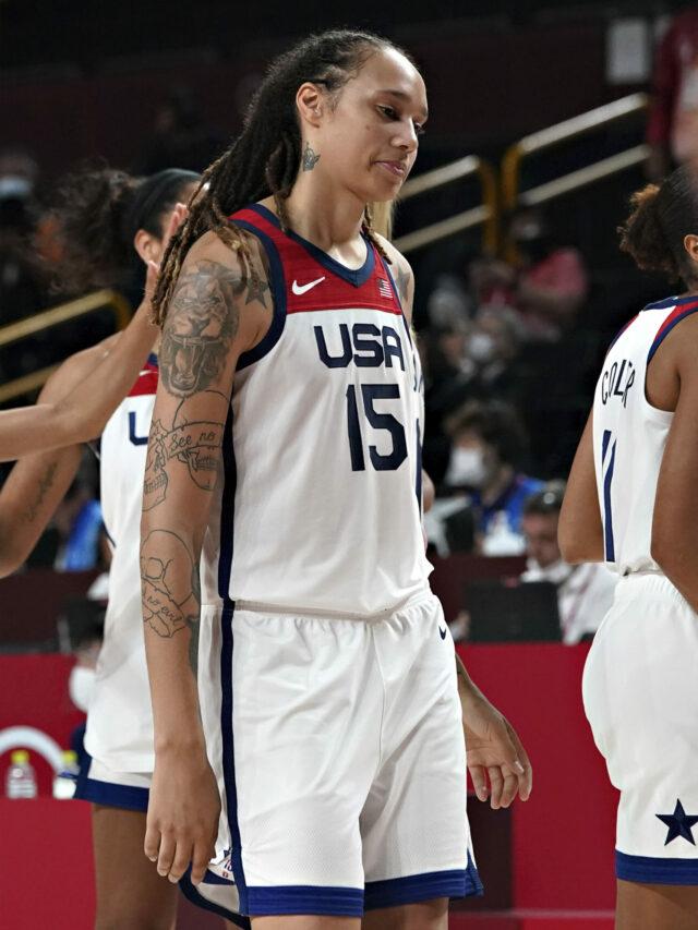 Brittney Griner, #15, walks off the court after the Women's Basketball finals at the Tokyo Olympic Games
