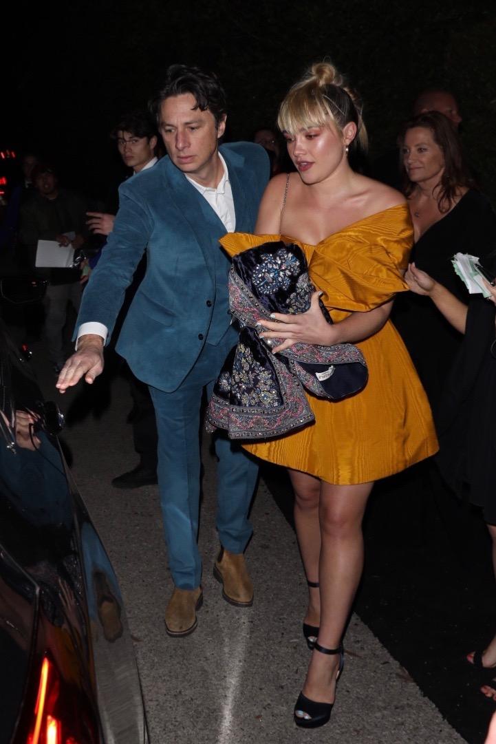 Oscar nominee Florence Pugh is seen stunning as she leaves with boyfriend Zach Braff at the WME Oscar party