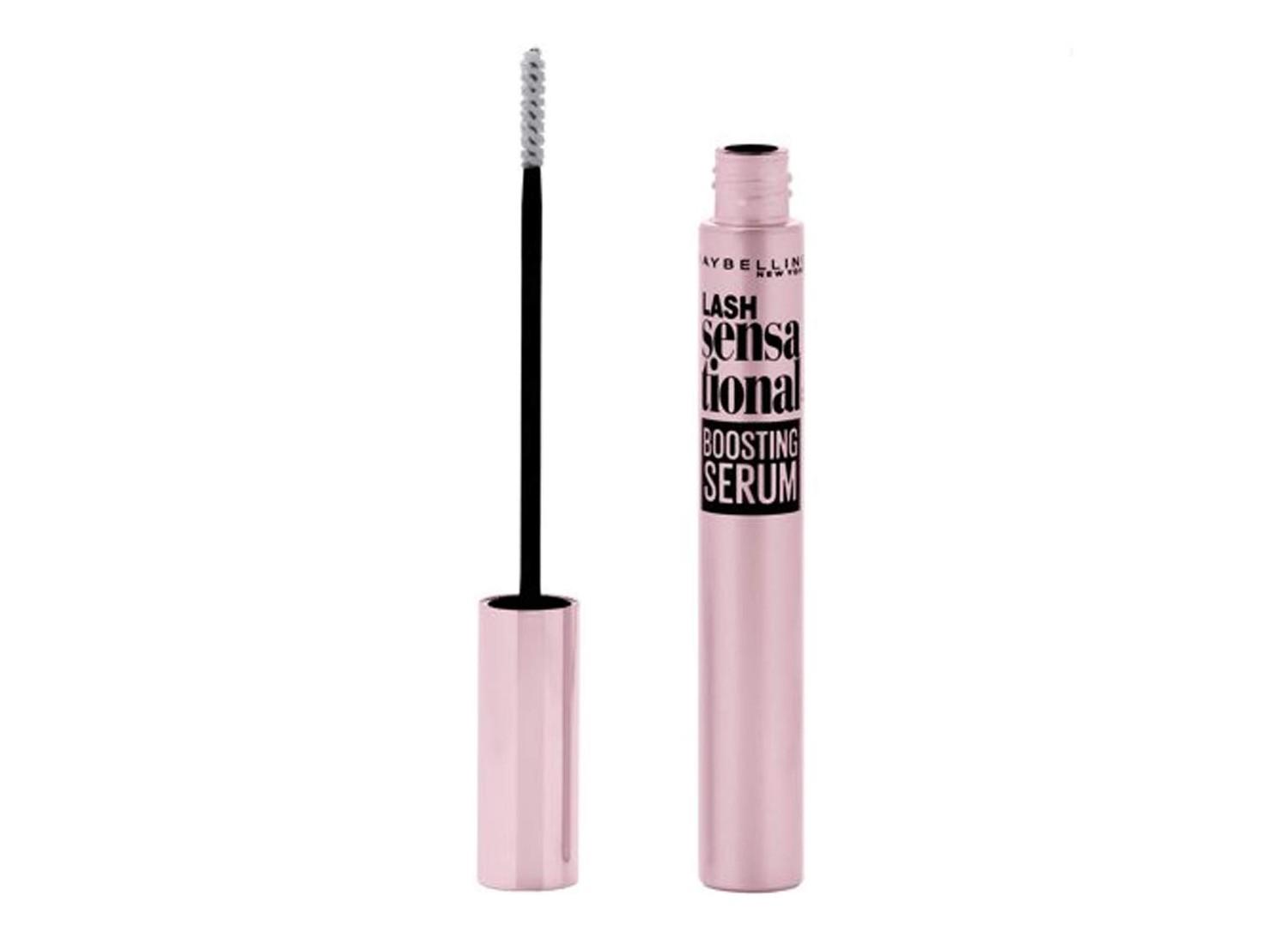 An open Maybelline Lash Serum applicator and lid on a white background.