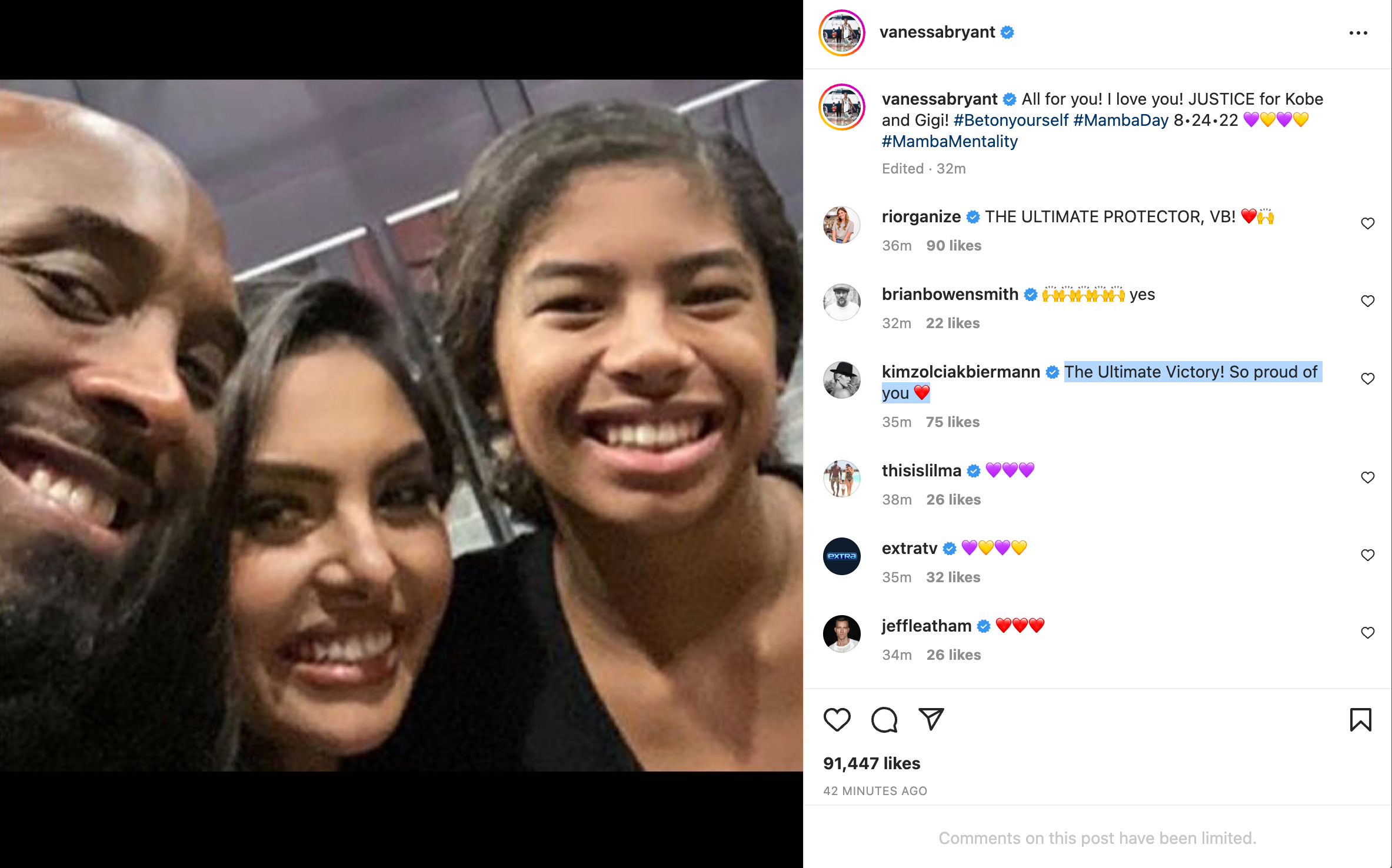 Vanessa Bryant's Instagram post following win against LA County